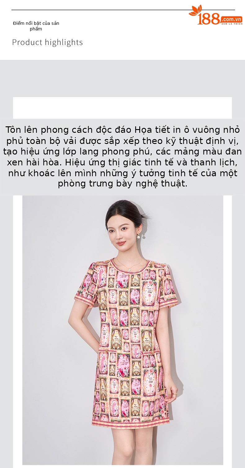 Đầm ôm in họa tiết thanh lịch cao cấp dáng chữ A mùa hè — hồng chi tiết 4