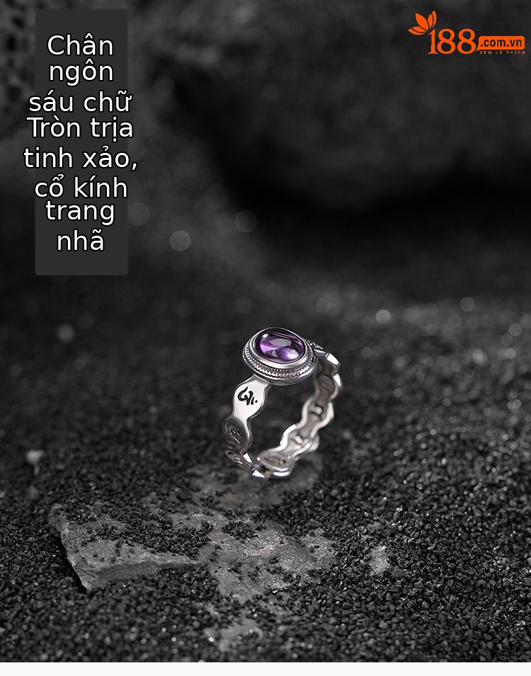 Nhẫn bạc S925 đính đá thạch anh tím tự nhiên mặt trứng khắc chữ thần chú họa tiết sóng — một mảnh chi tiết 1
