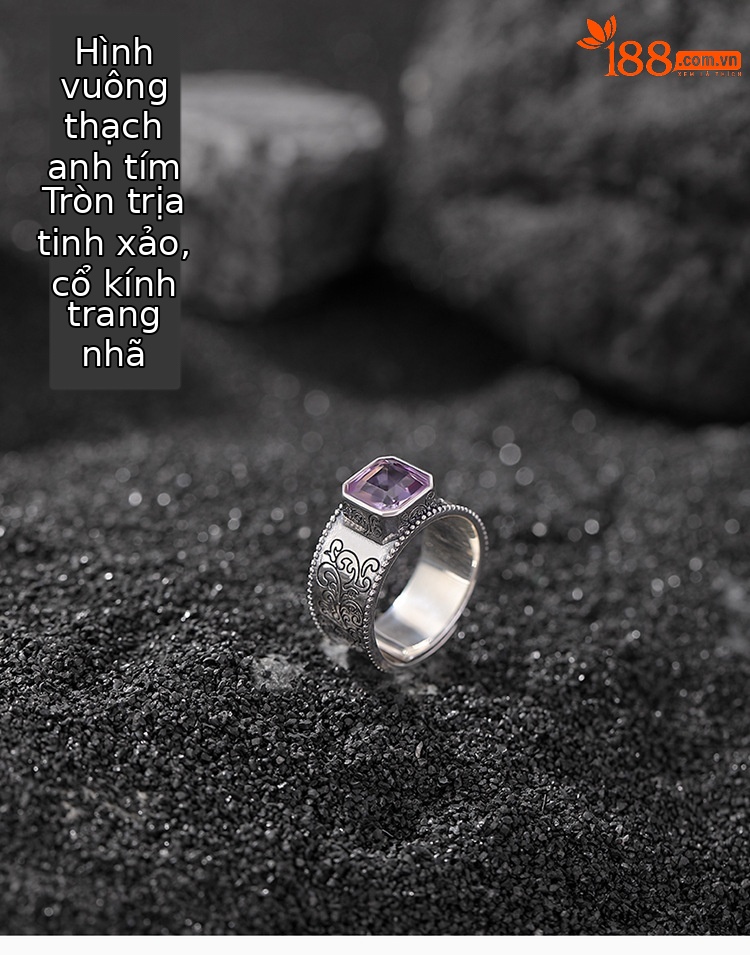 Nhẫn bạc S925 mặt vuông đá thạch anh tím tự nhiên phong cách retro châu Âu — một mảnh chi tiết 1