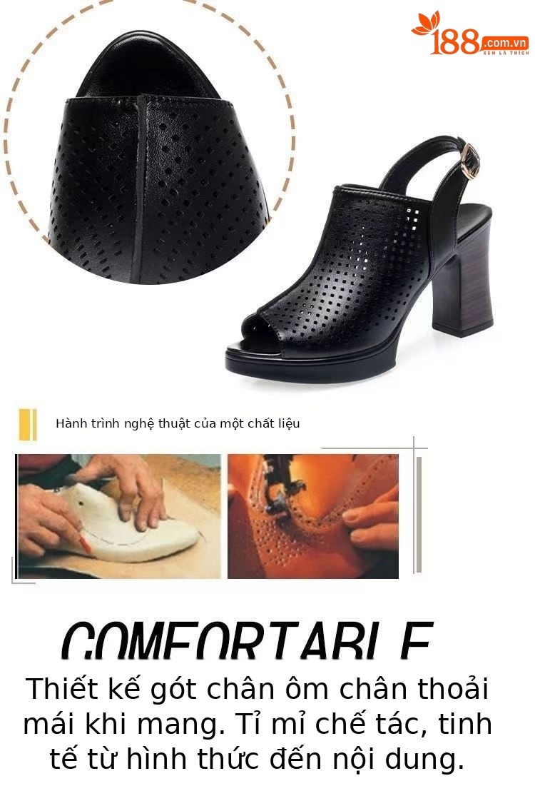 Giày sandal cao gót nữ hở mũi kiểu La Mã da thật thoáng khí — đen chi tiết 5