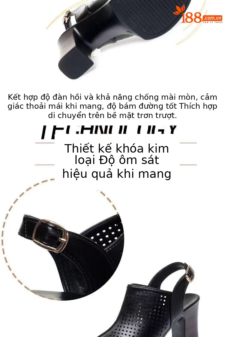 Giày sandal cao gót nữ hở mũi kiểu La Mã da thật thoáng khí — đen chi tiết 7