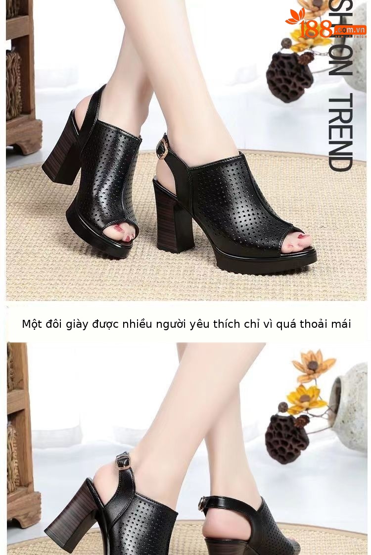 Giày sandal cao gót nữ hở mũi kiểu La Mã da thật thoáng khí — đen chi tiết 9