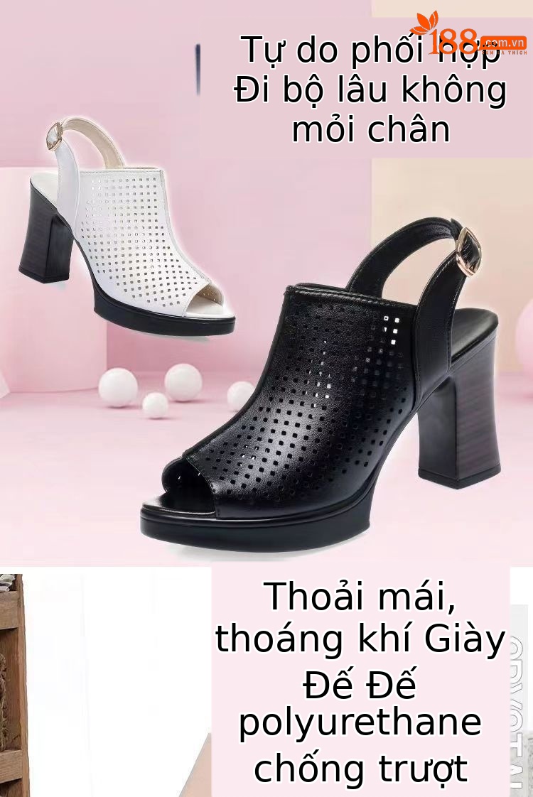 Giày sandal cao gót nữ hở mũi kiểu La Mã da thật thoáng khí — đen chi tiết 1