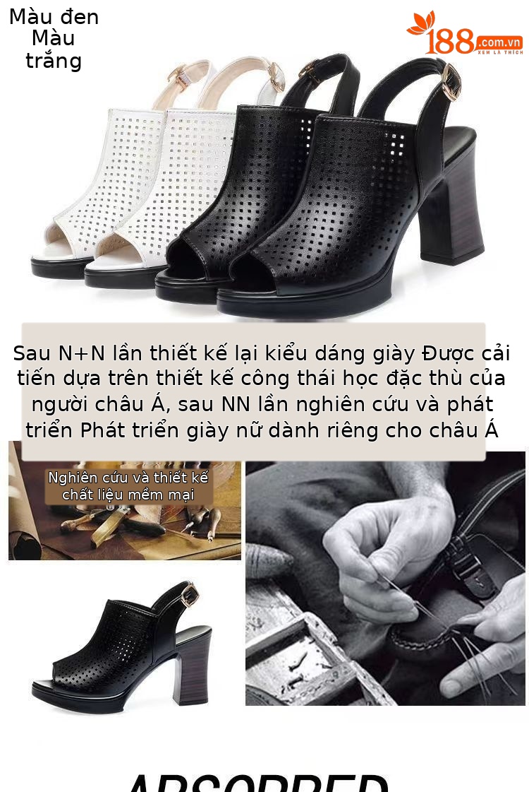 Giày sandal cao gót nữ hở mũi kiểu La Mã da thật thoáng khí — đen chi tiết 3