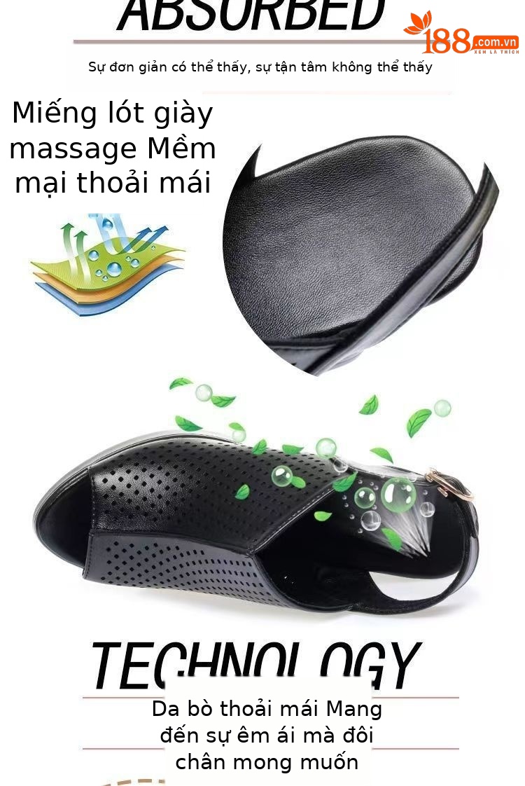 Giày sandal cao gót nữ hở mũi kiểu La Mã da thật thoáng khí — đen chi tiết 4