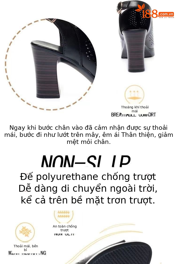 Giày sandal cao gót nữ hở mũi kiểu La Mã da thật thoáng khí — đen chi tiết 6