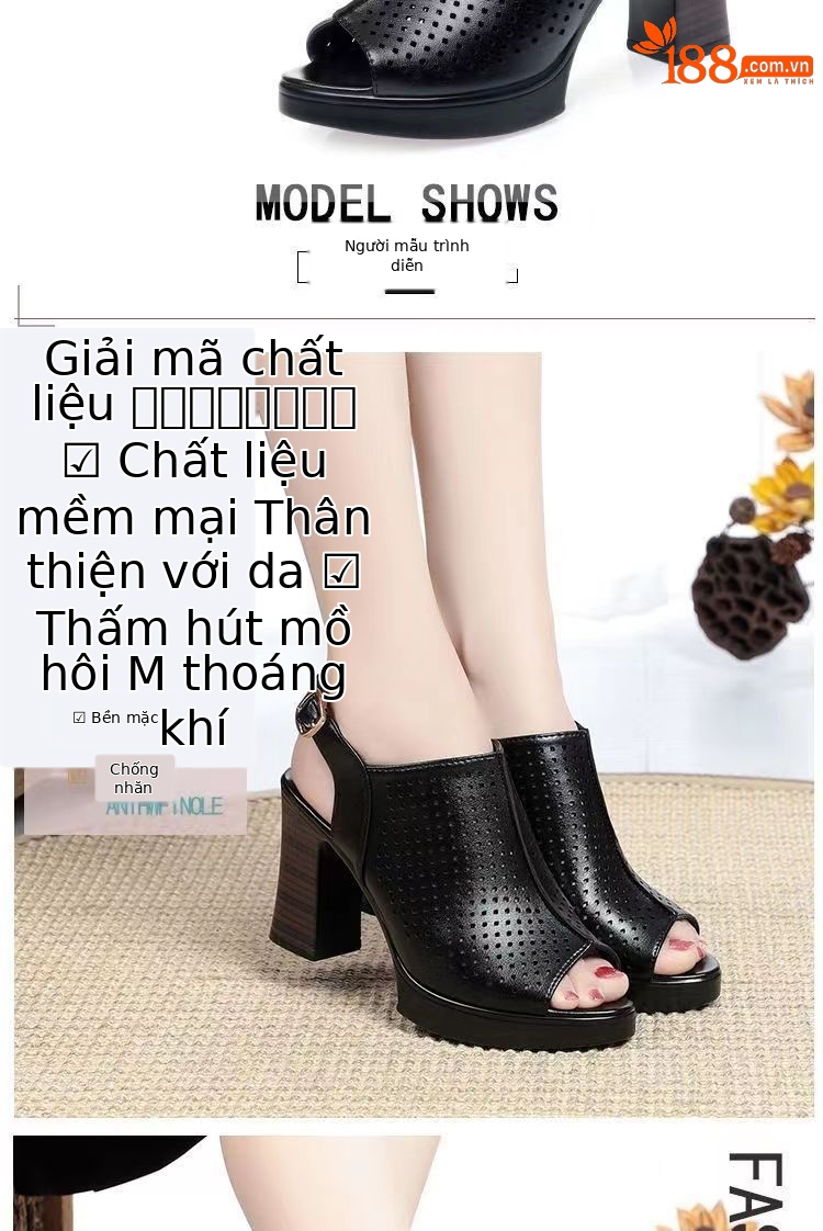 Giày sandal cao gót nữ hở mũi kiểu La Mã da thật thoáng khí — đen chi tiết 8