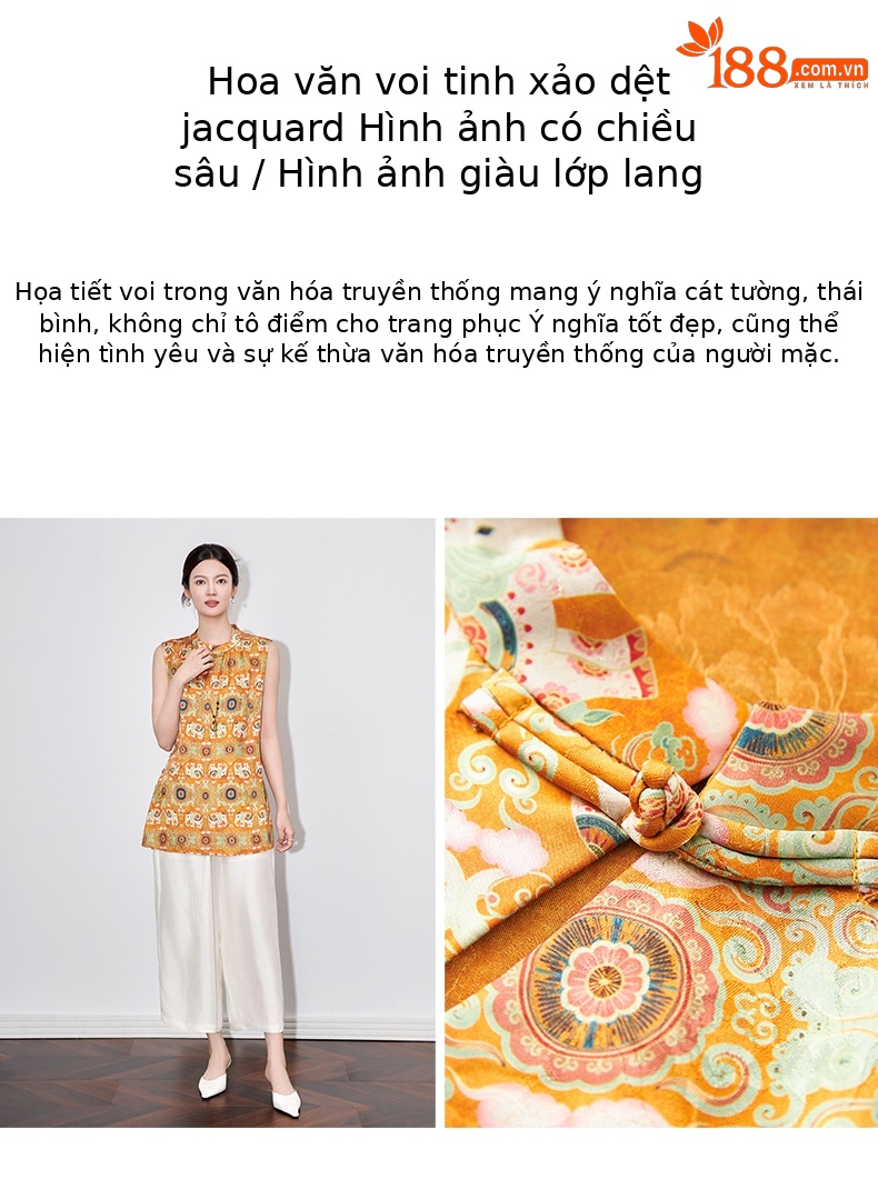 Áo vest cổ điển nữ phong cách Trung Hoa mới, chất liệu tơ tằm họa tiết voi nhỏ jacquard — Màu cam voi chi tiết 6