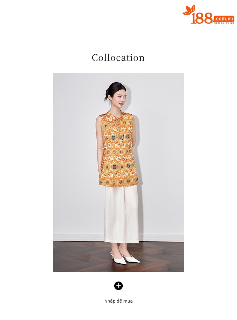 Áo vest cổ điển nữ phong cách Trung Hoa mới, chất liệu tơ tằm họa tiết voi nhỏ jacquard — Màu cam voi chi tiết 8