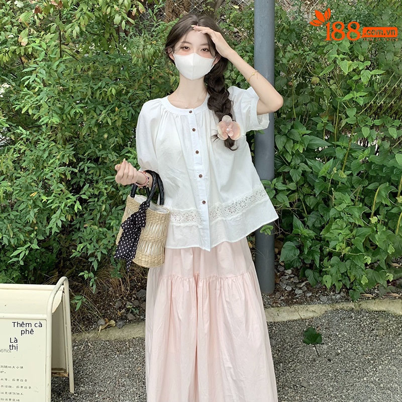 Áo sơ mi babydoll tay phồng vải lanh phong cách Pháp dành cho nữ — Màu xanh lam