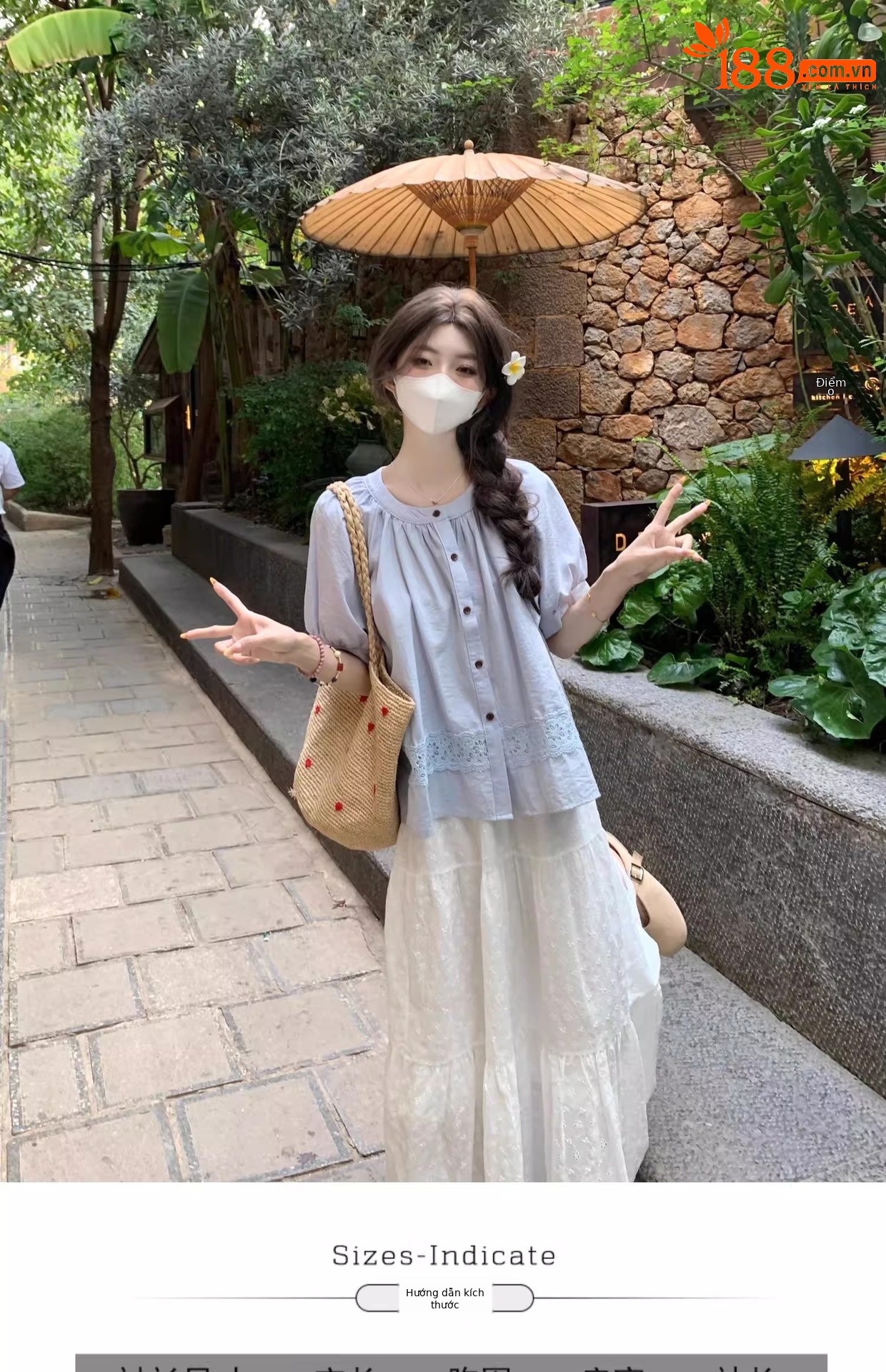 Áo sơ mi babydoll tay phồng vải lanh phong cách Pháp dành cho nữ — Màu xanh lam chi tiết 1