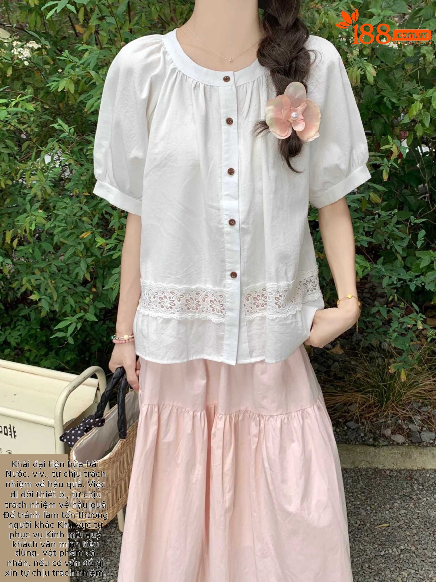 Áo sơ mi babydoll tay phồng vải lanh phong cách Pháp dành cho nữ — Màu xanh lam chi tiết 14