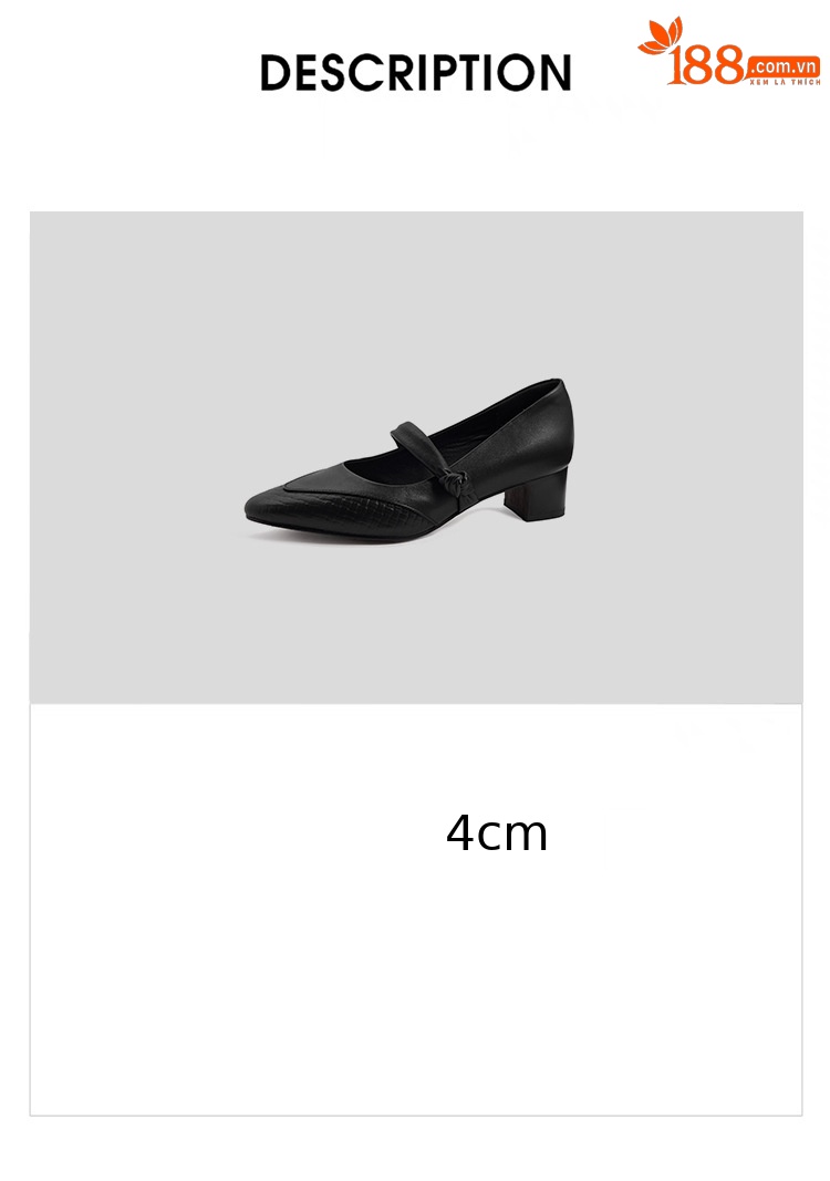 Giày Mary Jane nữ mũi nhọn miệng nông da bò thật gót dày 4cm kiểu Pháp — đen chi tiết 4