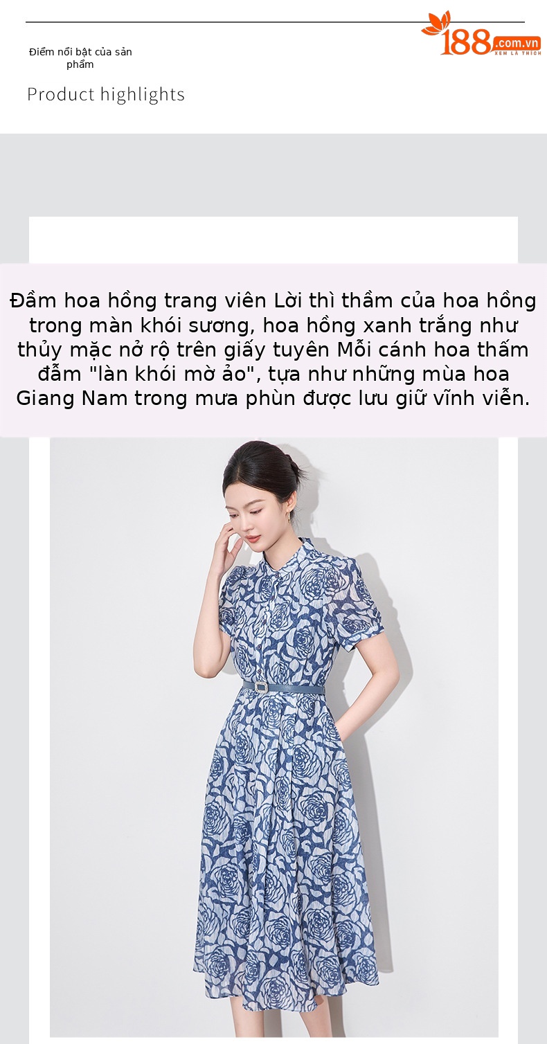 Đầm suông nữ midi thiết kế thắt eo phong cách retro — Màu xanh lam chi tiết 4