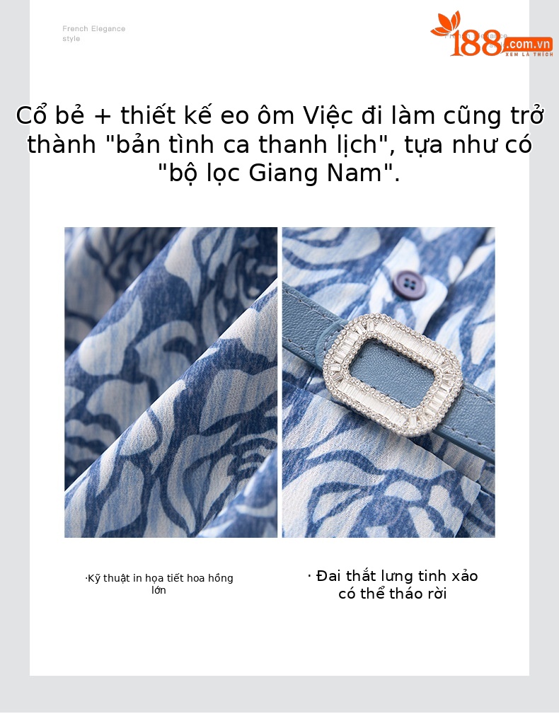 Đầm suông nữ midi thiết kế thắt eo phong cách retro — Màu xanh lam chi tiết 5