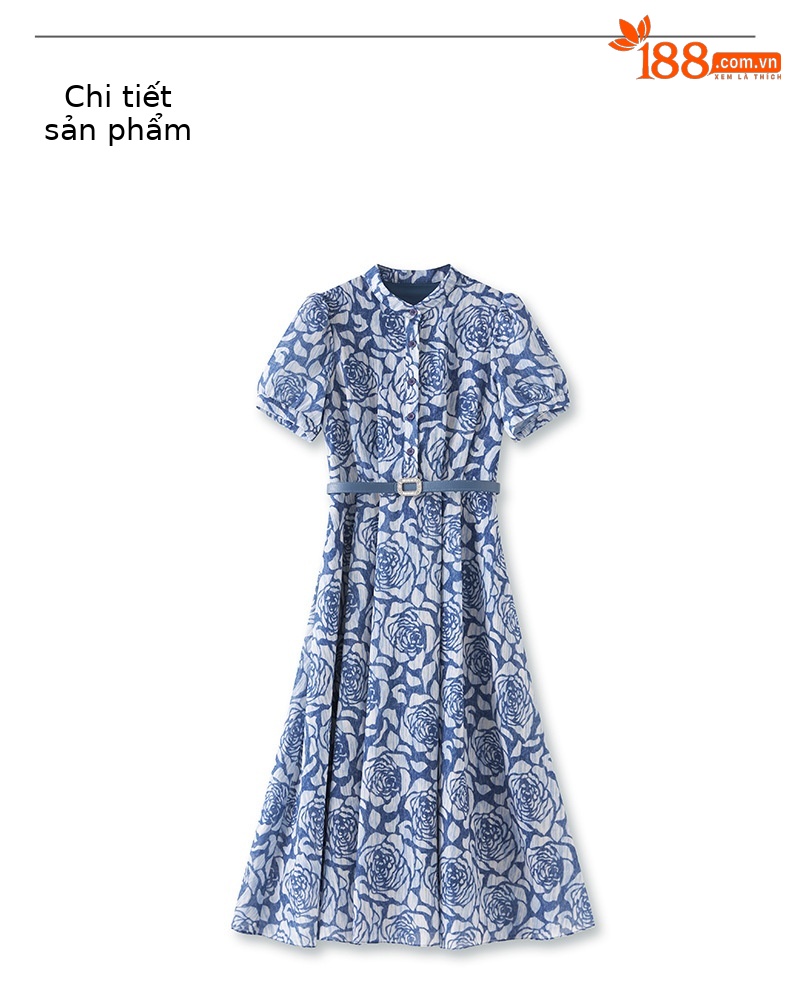 Đầm suông nữ midi thiết kế thắt eo phong cách retro — Màu xanh lam chi tiết 10