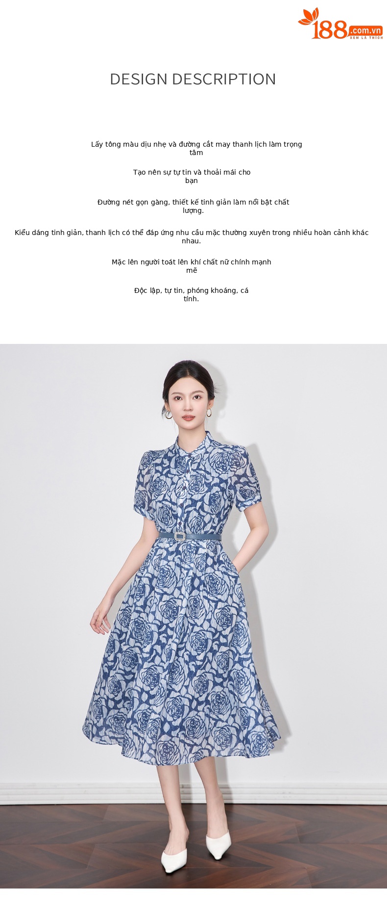 Đầm suông nữ midi thiết kế thắt eo phong cách retro — Màu xanh lam chi tiết 2