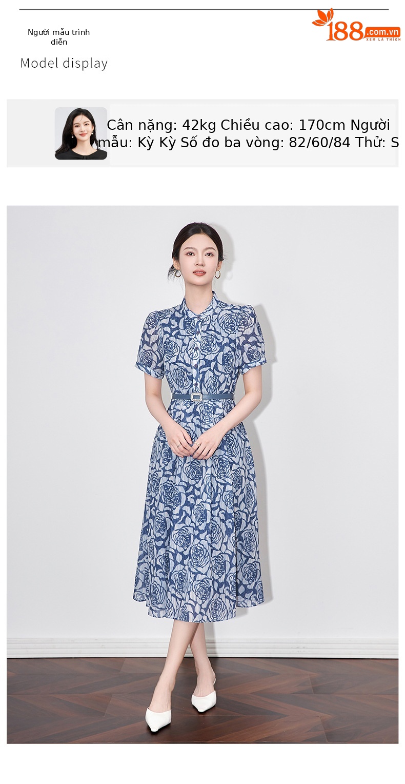 Đầm suông nữ midi thiết kế thắt eo phong cách retro — Màu xanh lam chi tiết 6