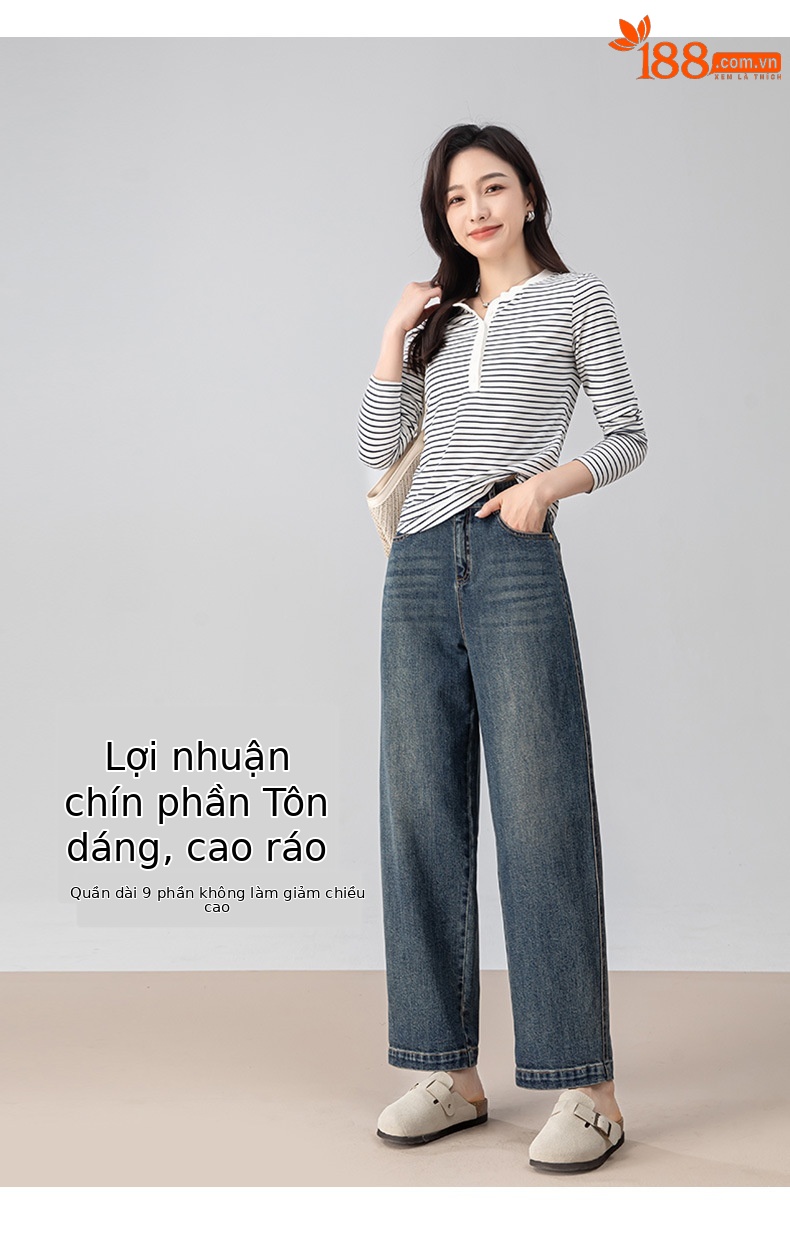 Quần jeans nữ cạp cao ống rộng dáng chuối — màu xanh chi tiết 9
