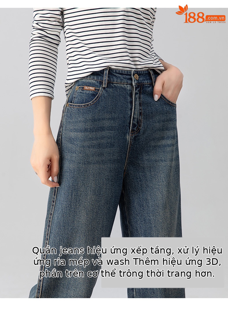 Quần jeans nữ cạp cao ống rộng dáng chuối — màu xanh chi tiết 10