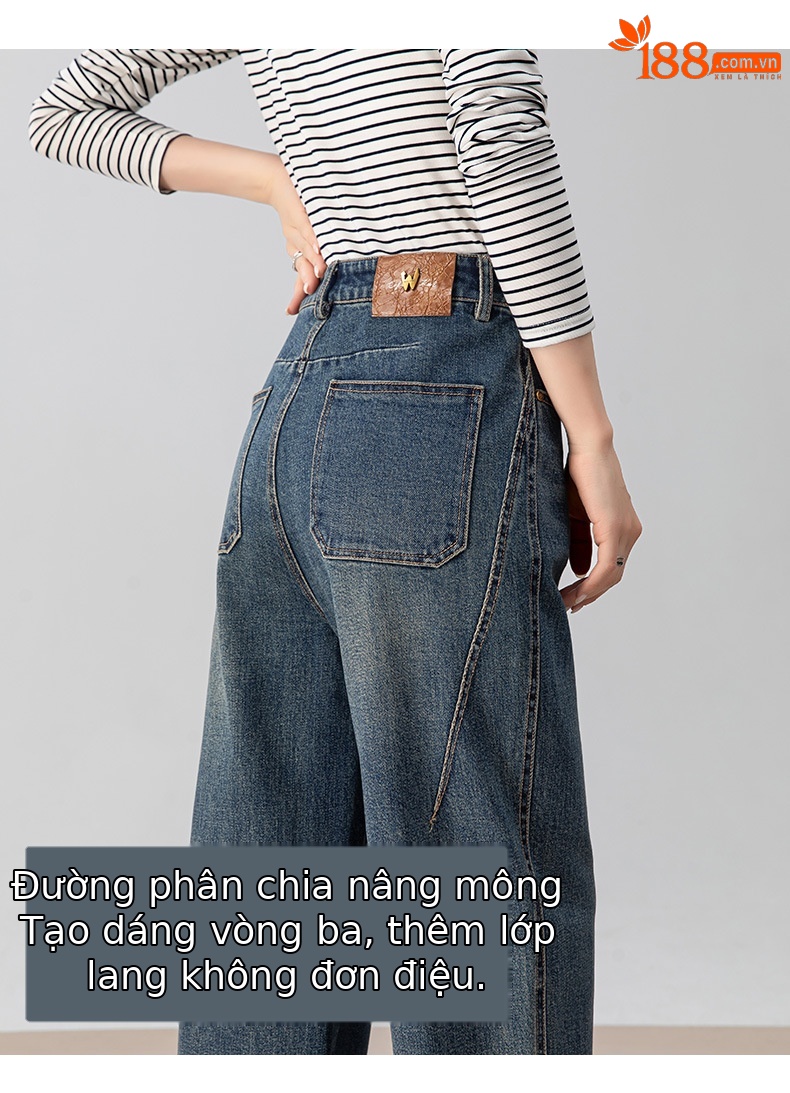 Quần jeans nữ cạp cao ống rộng dáng chuối — màu xanh chi tiết 11