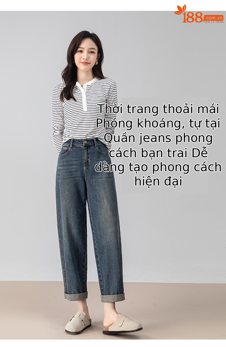 Quần jeans nữ cạp cao ống rộng dáng chuối — màu xanh chi tiết 14