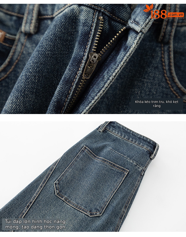 Quần jeans nữ cạp cao ống rộng dáng chuối — màu xanh chi tiết 17