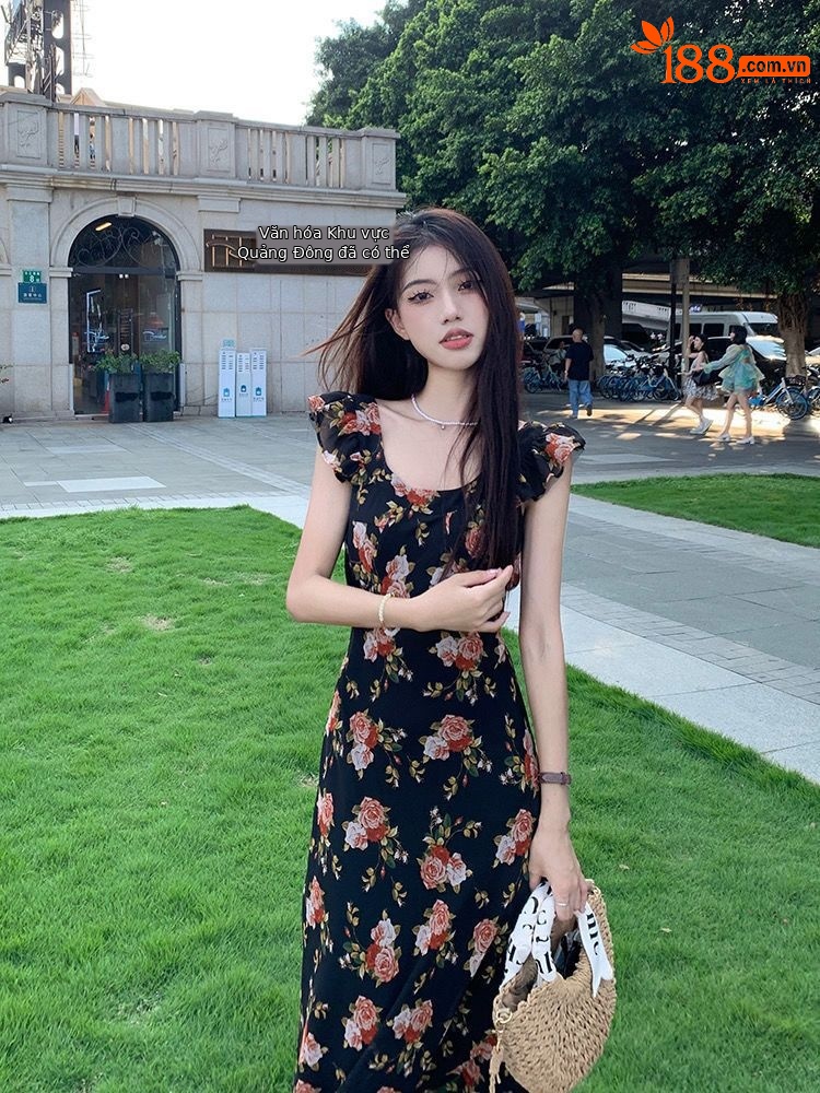 Váy liền thân nữ họa tiết hoa, tay ngắn, lưng trần, eo thon, dài trung bình — đen chi tiết 6