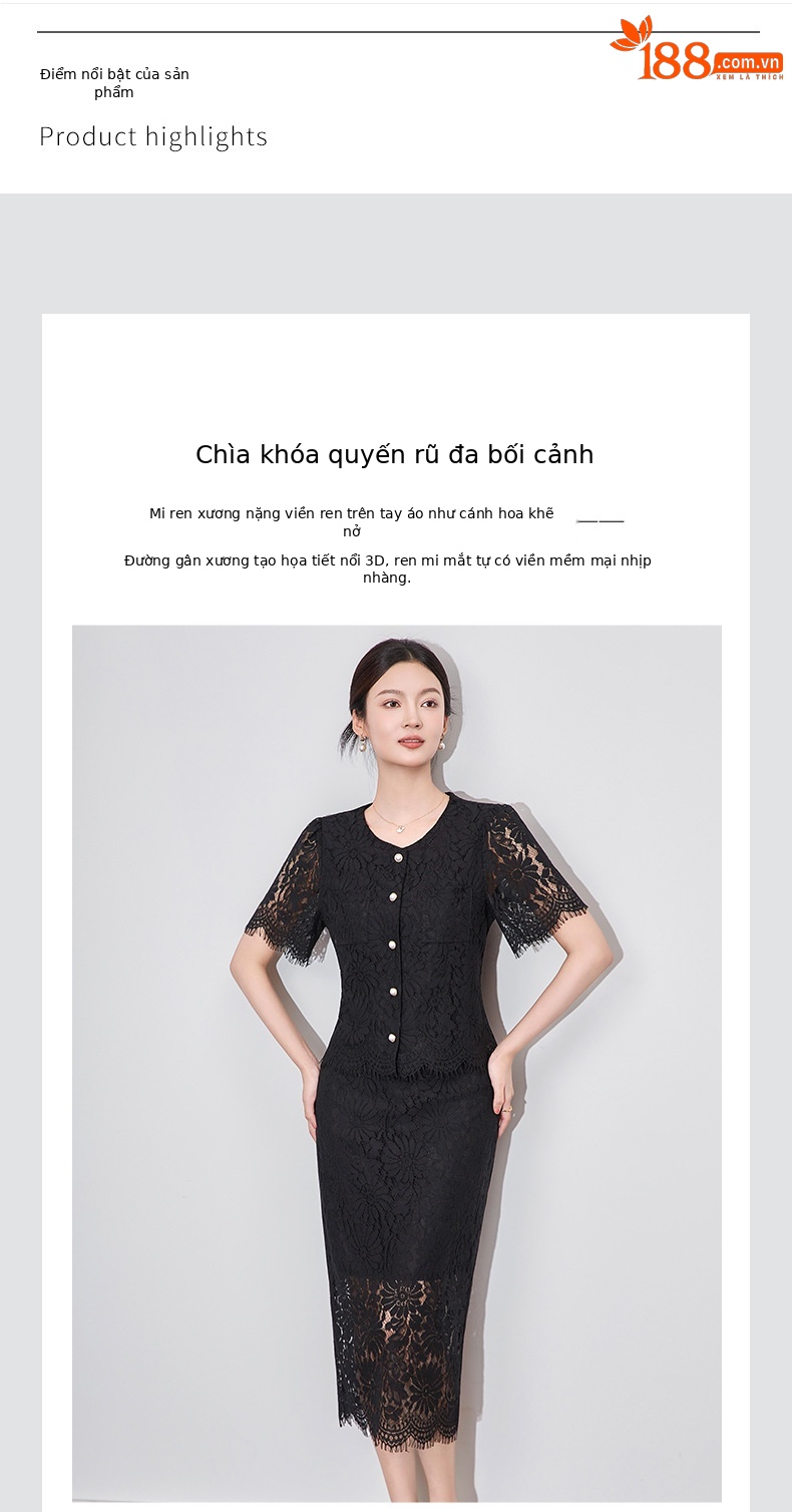 Bộ váy ren mi thanh lịch gồm áo ren họa tiết xương mi và chân váy midi phối hợp — Màu đen chi tiết 4