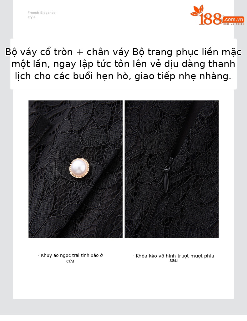 Bộ váy ren mi thanh lịch gồm áo ren họa tiết xương mi và chân váy midi phối hợp — Màu đen chi tiết 5