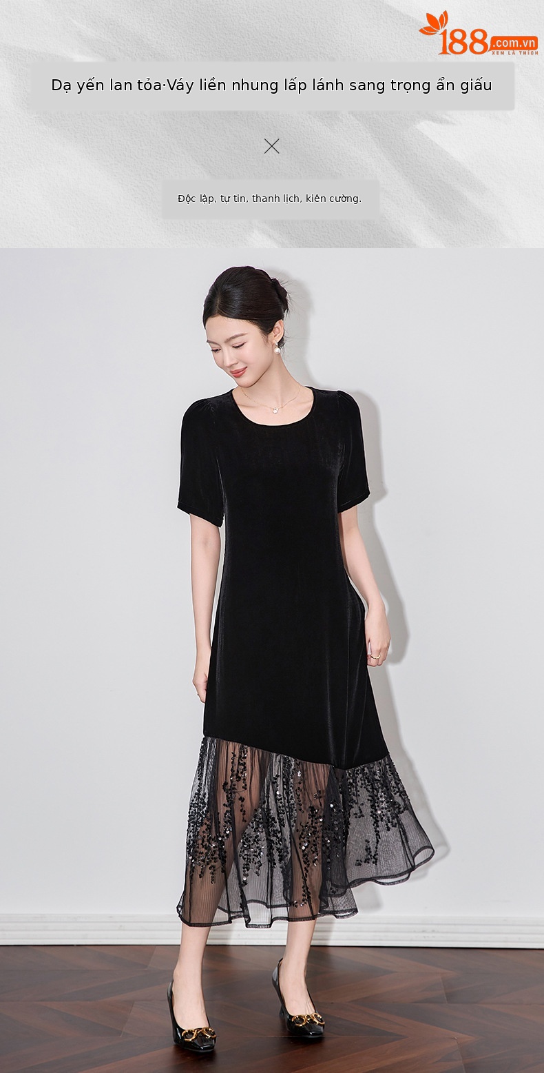 Đầm maxi nữ thắt eo phối lưới đính sequin và nhung — Màu đen chi tiết 1