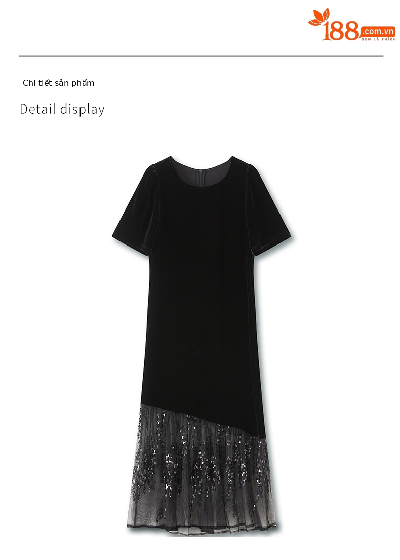 Đầm maxi nữ thắt eo phối lưới đính sequin và nhung — Màu đen chi tiết 11