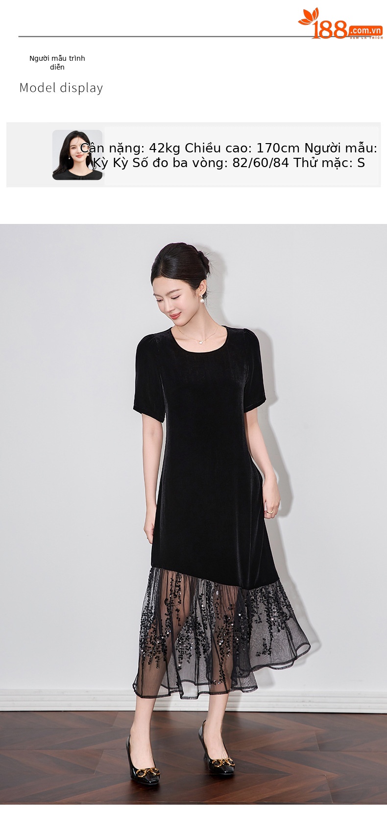 Đầm maxi nữ thắt eo phối lưới đính sequin và nhung — Màu đen chi tiết 5