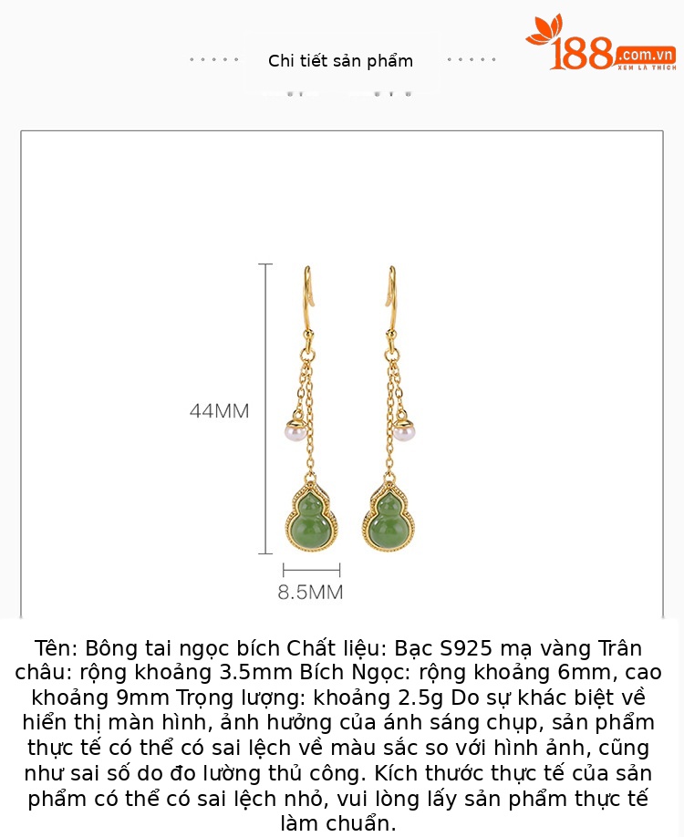 Bông tai bạc S925 mạ vàng đính ngọc bích Hetian và ngọc trai phong cách chinoiserie dáng dài — một cặp chi tiết 3