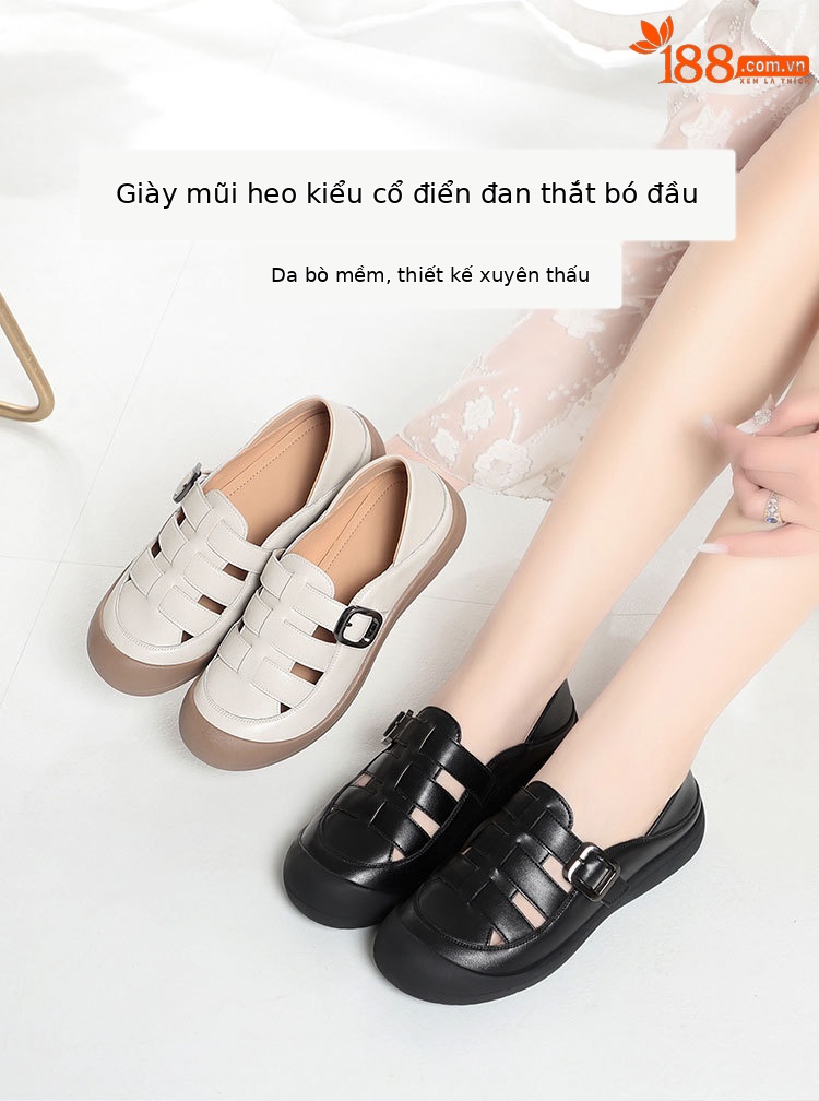 Sandal nữ mũi nhọn da bò thật đế dày thoáng khí — đen chi tiết 1