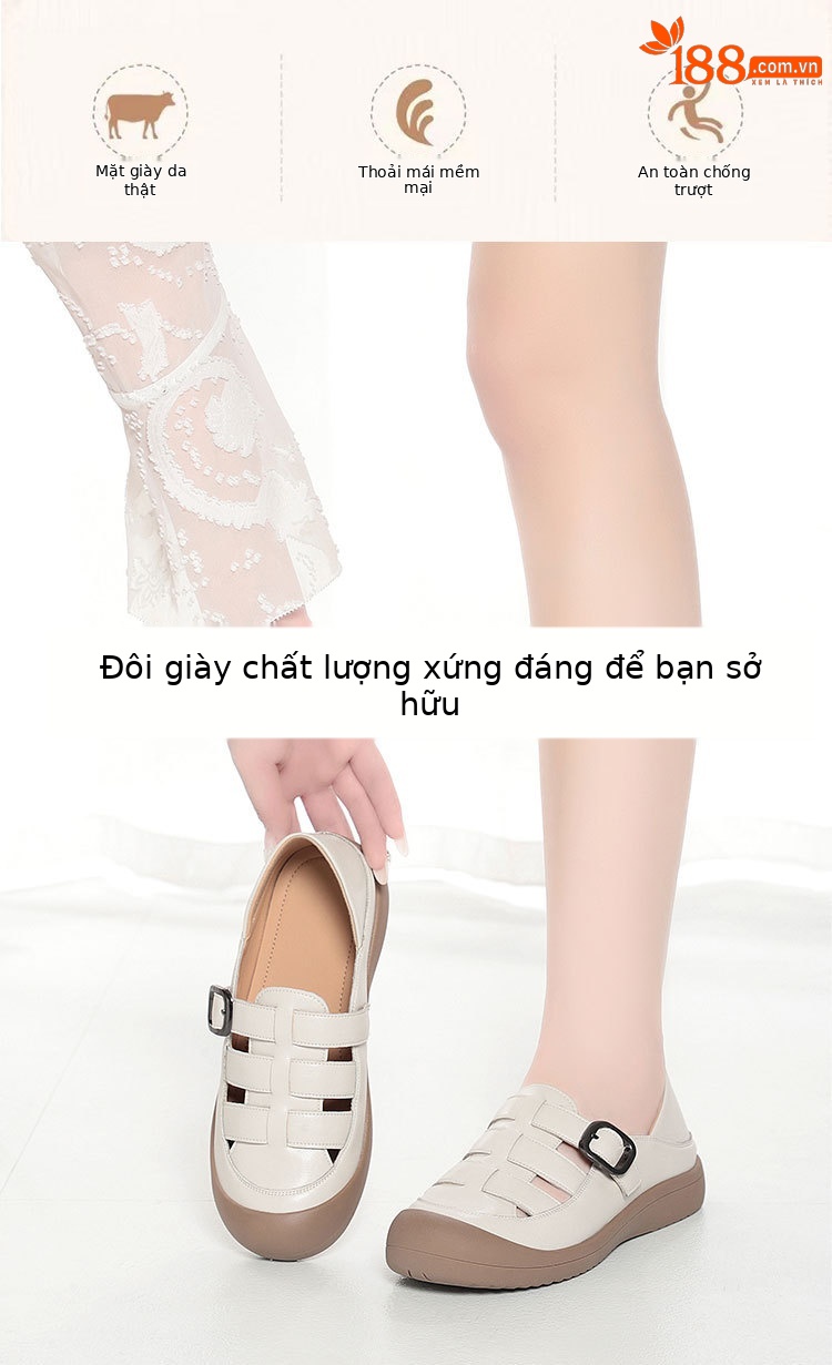 Sandal nữ mũi nhọn da bò thật đế dày thoáng khí — đen chi tiết 3