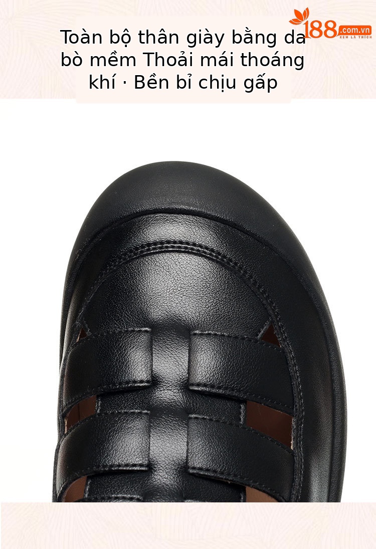 Sandal nữ mũi nhọn da bò thật đế dày thoáng khí — đen chi tiết 5