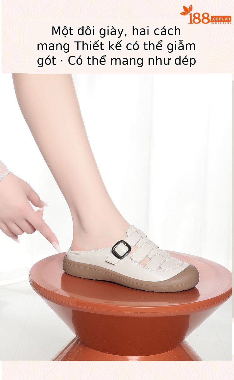 Sandal nữ mũi nhọn da bò thật đế dày thoáng khí — đen chi tiết 7
