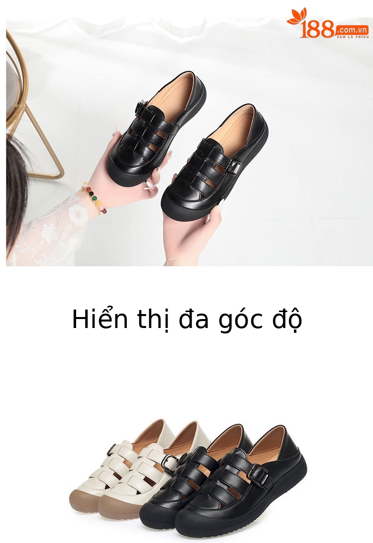 Sandal nữ mũi nhọn da bò thật đế dày thoáng khí — đen chi tiết 12