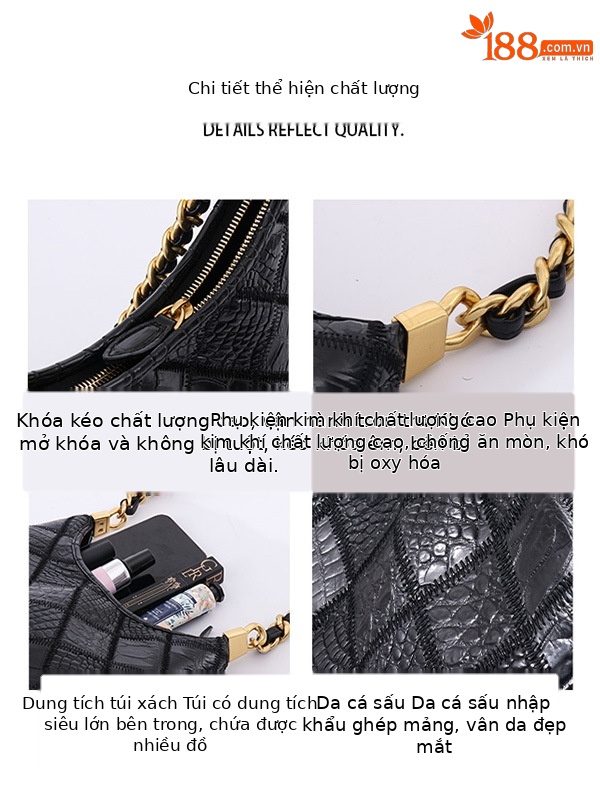 Túi đeo chéo nữ da cá sấu may chần bông phong cách Chanel, thiết kế khóa vàng sang trọng