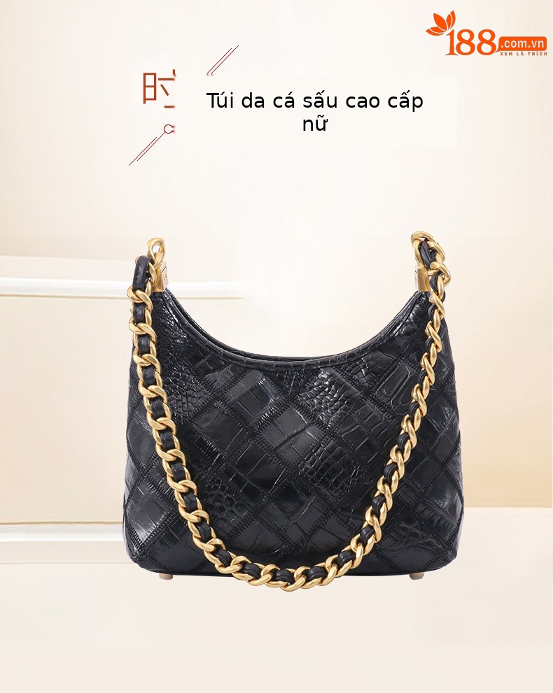 Túi đeo chéo nữ da cá sấu may chần bông phong cách Chanel, thiết kế khóa vàng sang trọng chi tiết 1