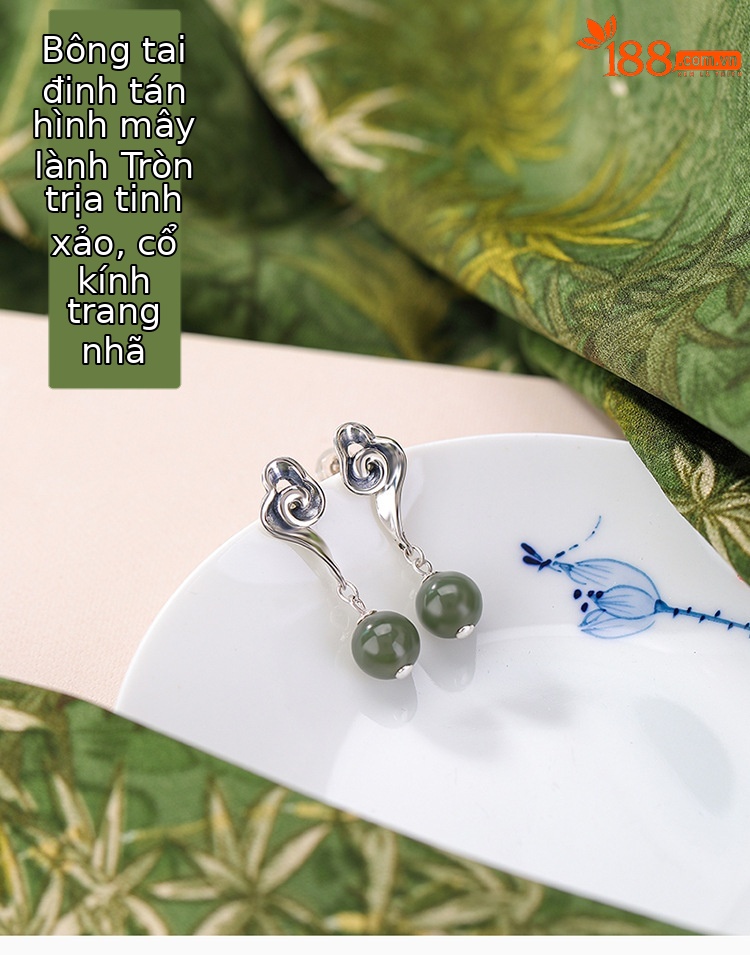 Bông tai bạc S925 đính ngọc Hòa Điện tự nhiên phong cách Trung Hoa hình đám mây — một cặp chi tiết 1