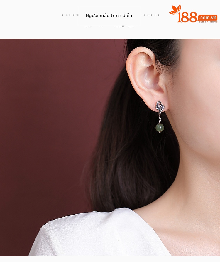 Bông tai bạc S925 đính ngọc Hòa Điện tự nhiên phong cách Trung Hoa hình đám mây — một cặp chi tiết 3