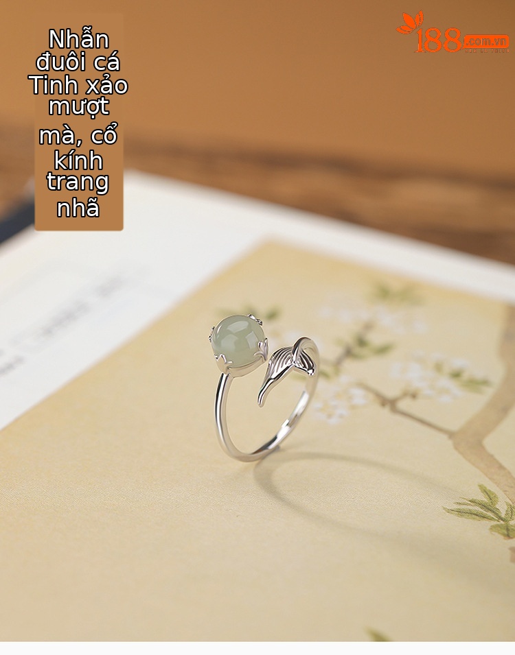 Nhẫn bạc S925 đính ngọc Hetian trong suốt, thiết kế đuôi cá hạt tròn thời trang — một mảnh chi tiết 1