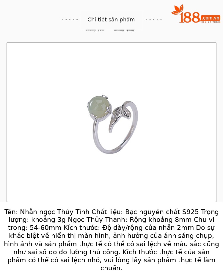 Nhẫn bạc S925 đính ngọc Hetian trong suốt, thiết kế đuôi cá hạt tròn thời trang — một mảnh chi tiết 2