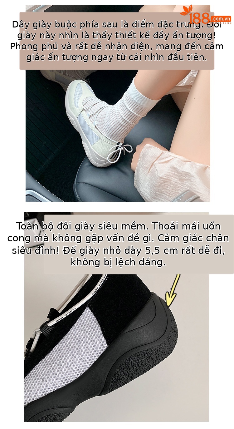 Giày Mary Jane thể thao mũi tròn lưới thoáng khí quai sau dây buộc — đen, trắng chi tiết 8