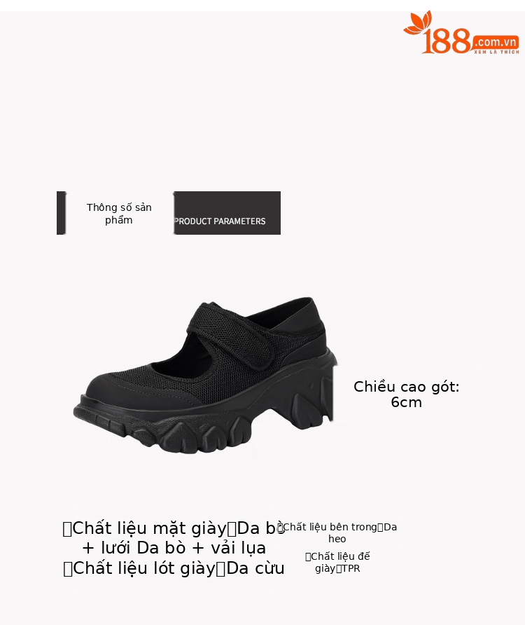 Giày Mary Jane nữ đế dày da thật quai ngang khóa Velcro — Đen + lưới, Đen + vải lụa chi tiết 3