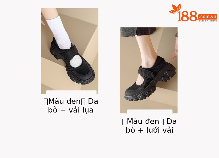 Giày Mary Jane nữ đế dày da thật quai ngang khóa Velcro — Đen + lưới, Đen + vải lụa chi tiết 4