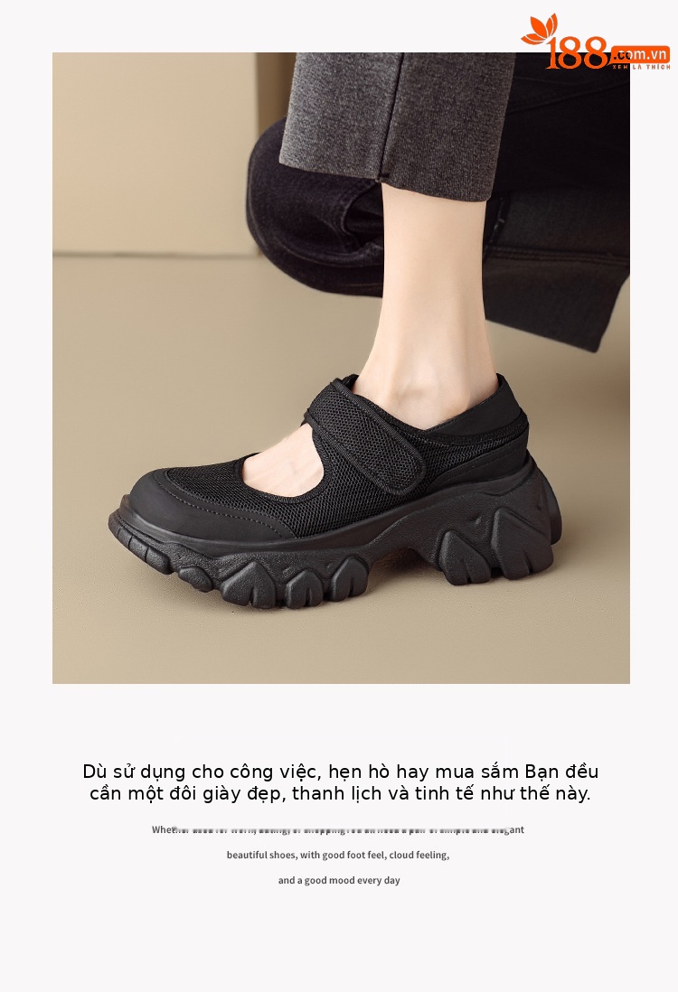 Giày Mary Jane nữ đế dày da thật quai ngang khóa Velcro — Đen + lưới, Đen + vải lụa chi tiết 5