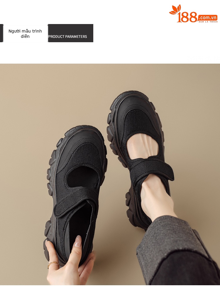 Giày Mary Jane nữ đế dày da thật quai ngang khóa Velcro — Đen + lưới, Đen + vải lụa chi tiết 10